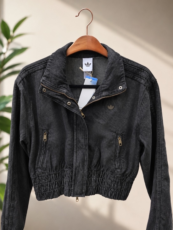 adidas Jackets & Blazers - adidas Black Washed Denim Cropped Bomber Jacket